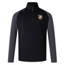 The West Point Women's Elite First Layer by EMB Canterbury in black and gray features a quarter-zip design and an emblem on the left chest. It is crafted with honeycomb fabric that incorporates VapoDri technology, ensuring optimal comfort and breathability.