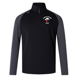 Introducing the EMB Canterbury Ventura Outlaws Rugby Elite First Layer quarter-zip pullover in black and gray, featuring "Ventura Outlaws Rugby" with a red and white logo on the chest—perfect for ideal training attire.