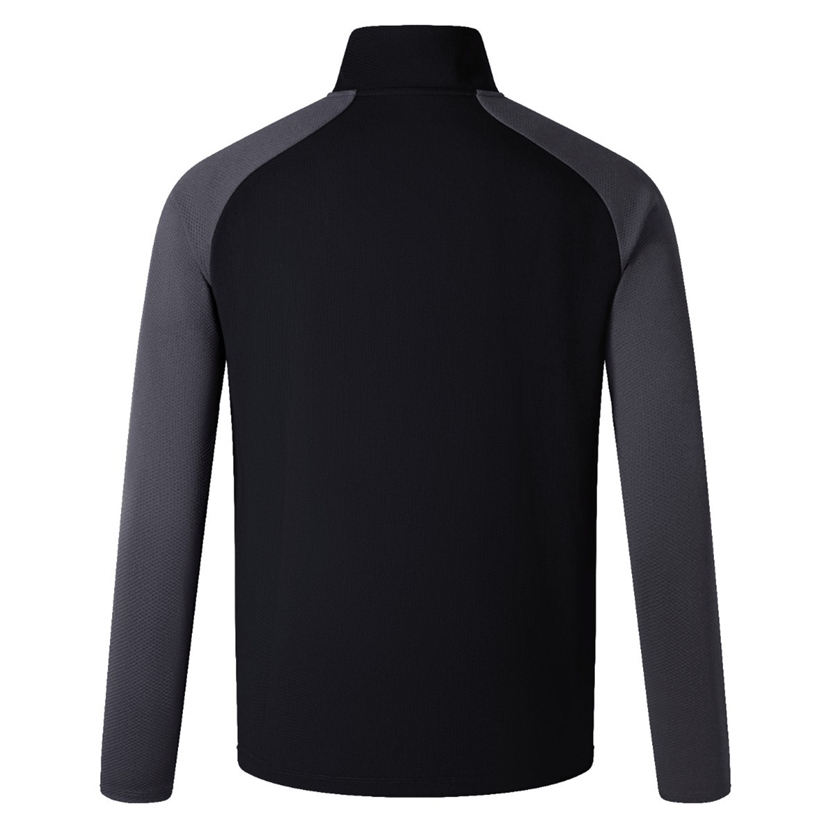 The back view of a men's black and grey jacket featuring the Canterbury Elite First Layer and VapoDri technology.
