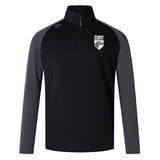 The Cincinnati Wolfhounds Elite 1/4 Zip Top by EMB Canterbury is a long-sleeved black and grey sports jersey, designed for performance and comfort. It features a logo with a shield and stylized animal on the left chest, made from lower impact materials.