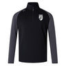 The Cincinnati Wolfhounds Elite 1/4 Zip Top by EMB Canterbury is a long-sleeved black and grey sports jersey, designed for performance and comfort. It features a logo with a shield and stylized animal on the left chest, made from lower impact materials.
