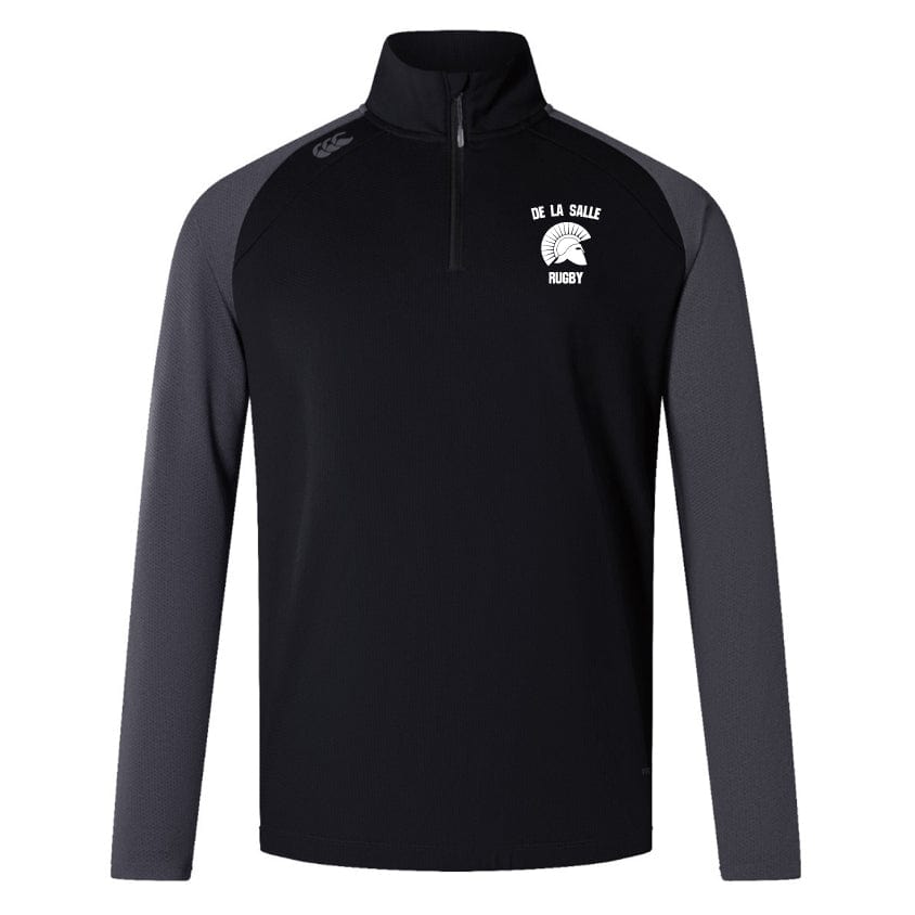 De La Salle Women's Elite First Layer by Canterbury, a quarter-zip rugby sweatshirt in black and gray, crafted from moisture-wicking honeycomb fabric and showcasing "DE LA SALLE RUGBY" alongside a Spartan helmet logo on the chest.