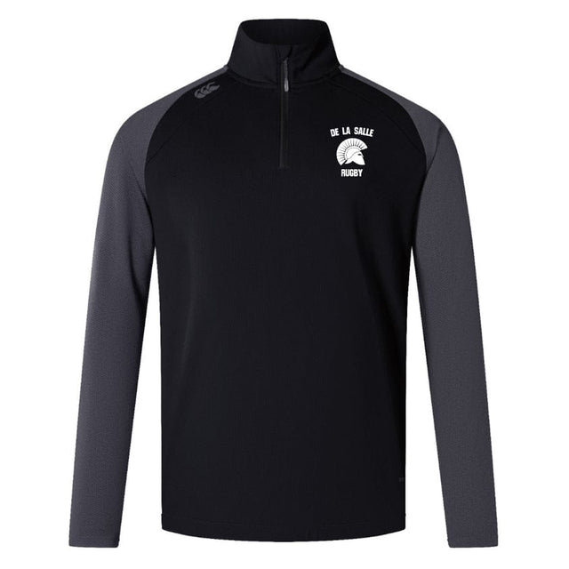 De La Salle Women's Elite First Layer by Canterbury, a quarter-zip rugby sweatshirt in black and gray, crafted from moisture-wicking honeycomb fabric and showcasing "DE LA SALLE RUGBY" alongside a Spartan helmet logo on the chest.