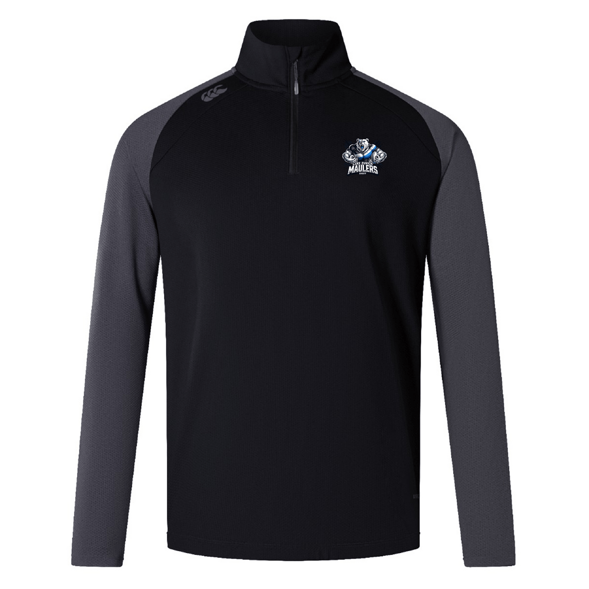 Lake Zurich Women's Elite First Layer in black and gray, with long sleeves, showcasing a team logo on the chest and EMB Canterbury branding on the shoulder. It is crafted using VapoDri technology for enhanced moisture management.