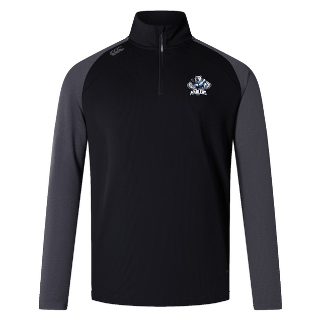 Lake Zurich Women's Elite First Layer in black and gray, with long sleeves, showcasing a team logo on the chest and EMB Canterbury branding on the shoulder. It is crafted using VapoDri technology for enhanced moisture management.