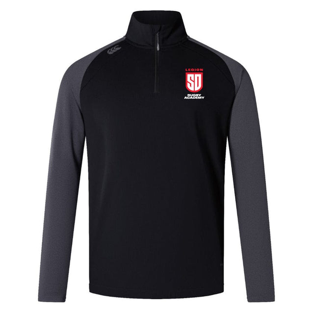 The San Diego Legion Rugby Academy Women's Elite First Layer by EMB Canterbury is a black and gray long-sleeve pullover with a quarter zip, made from recycled polyester and showcasing honeycomb fabric. The logo on the chest reads "Legion SD Rugby Academy," combining style with sustainability.