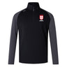The San Diego Legion Rugby Academy Women's Elite First Layer by EMB Canterbury is a black and gray long-sleeve pullover with a quarter zip, made from recycled polyester and showcasing honeycomb fabric. The logo on the chest reads "Legion SD Rugby Academy," combining style with sustainability.