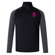 The SUNY Maritime Women's Elite First Layer by Canterbury, designed by EMB Canterbury, features long sleeves in black and gray with a pink skull and crossbones logo on the chest. Made from honeycomb fabric, it includes VapoDri technology to ensure you stay cool and dry during intense workouts.