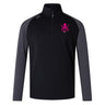 The SUNY Maritime Women's Elite First Layer by Canterbury, designed by EMB Canterbury, features long sleeves in black and gray with a pink skull and crossbones logo on the chest. Made from honeycomb fabric, it includes VapoDri technology to ensure you stay cool and dry during intense workouts.