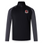 The Southern Pines Youth Rugby Women's Elite First Layer by EMB Canterbury is a black and gray long-sleeve pullover with a quarter-zip, featuring a red and white shield emblem on the chest. Made with recycled polyester, it includes VapoDri technology for superior breathability.