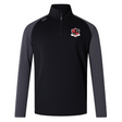 The Southern Pines Youth Rugby Women's Elite First Layer by EMB Canterbury is a black and gray long-sleeve pullover with a quarter-zip, featuring a red and white shield emblem on the chest. Made with recycled polyester, it includes VapoDri technology for superior breathability.