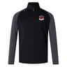 The Southern Pines Youth Rugby Women's Elite First Layer by EMB Canterbury is a black and gray long-sleeve pullover with a quarter-zip, featuring a red and white shield emblem on the chest. Made with recycled polyester, it includes VapoDri technology for superior breathability.