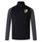 The Towson University Rugby Women's Elite First Layer by EMB Canterbury is a black and gray long-sleeve quarter-zip pullover made from honeycomb fabric, featuring a logo with a shield, "T," and checkered pattern. VapoDri technology enhances comfort.