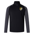 The Towson University Rugby Women's Elite First Layer by EMB Canterbury is a black and gray long-sleeve quarter-zip pullover made from honeycomb fabric, featuring a logo with a shield, "T," and checkered pattern. VapoDri technology enhances comfort.