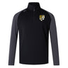 The Towson University Rugby Women's Elite First Layer by EMB Canterbury is a black and gray long-sleeve quarter-zip pullover made from honeycomb fabric, featuring a logo with a shield, "T," and checkered pattern. VapoDri technology enhances comfort.