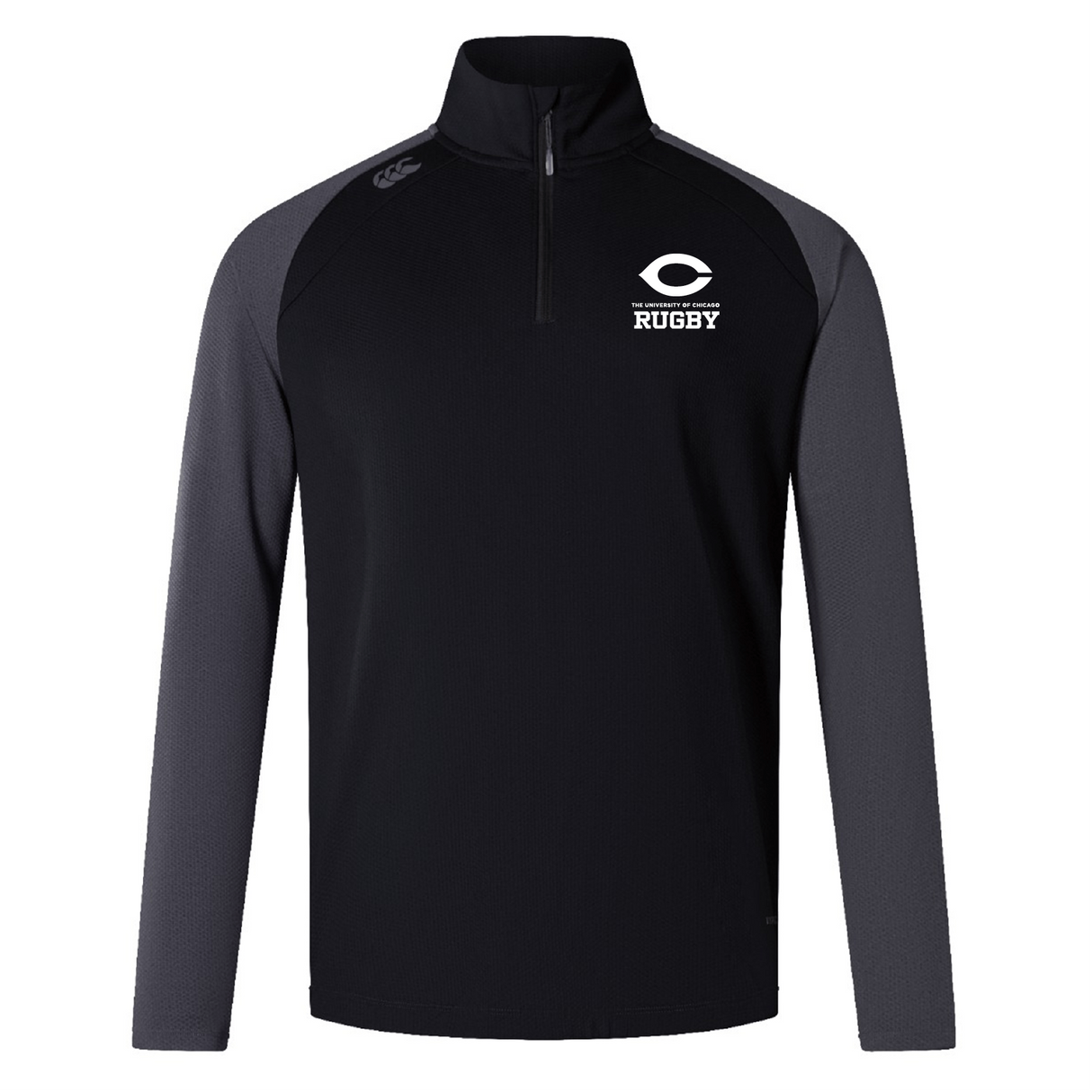 The University of Chicago Women's Elite First Layer by EMB Canterbury is a black and gray long-sleeve rugby pullover crafted from honeycomb fabric with VapoDri technology, featuring a quarter zip and a team logo on the chest for a sporty touch.