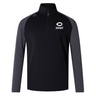 The University of Chicago Women's Elite First Layer by EMB Canterbury is a black and gray long-sleeve rugby pullover crafted from honeycomb fabric with VapoDri technology, featuring a quarter zip and a team logo on the chest for a sporty touch.