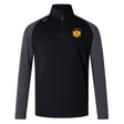 The EMB Canterbury UMBC Rugby Women's Elite First Layer is a black and gray long-sleeve pullover with a half-zip made from honeycomb fabric. It features a UMBC logo on the chest and VapoDri technology for superior moisture-wicking performance.