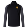 The EMB Canterbury UMBC Rugby Women's Elite First Layer is a black and gray long-sleeve pullover with a half-zip made from honeycomb fabric. It features a UMBC logo on the chest and VapoDri technology for superior moisture-wicking performance.