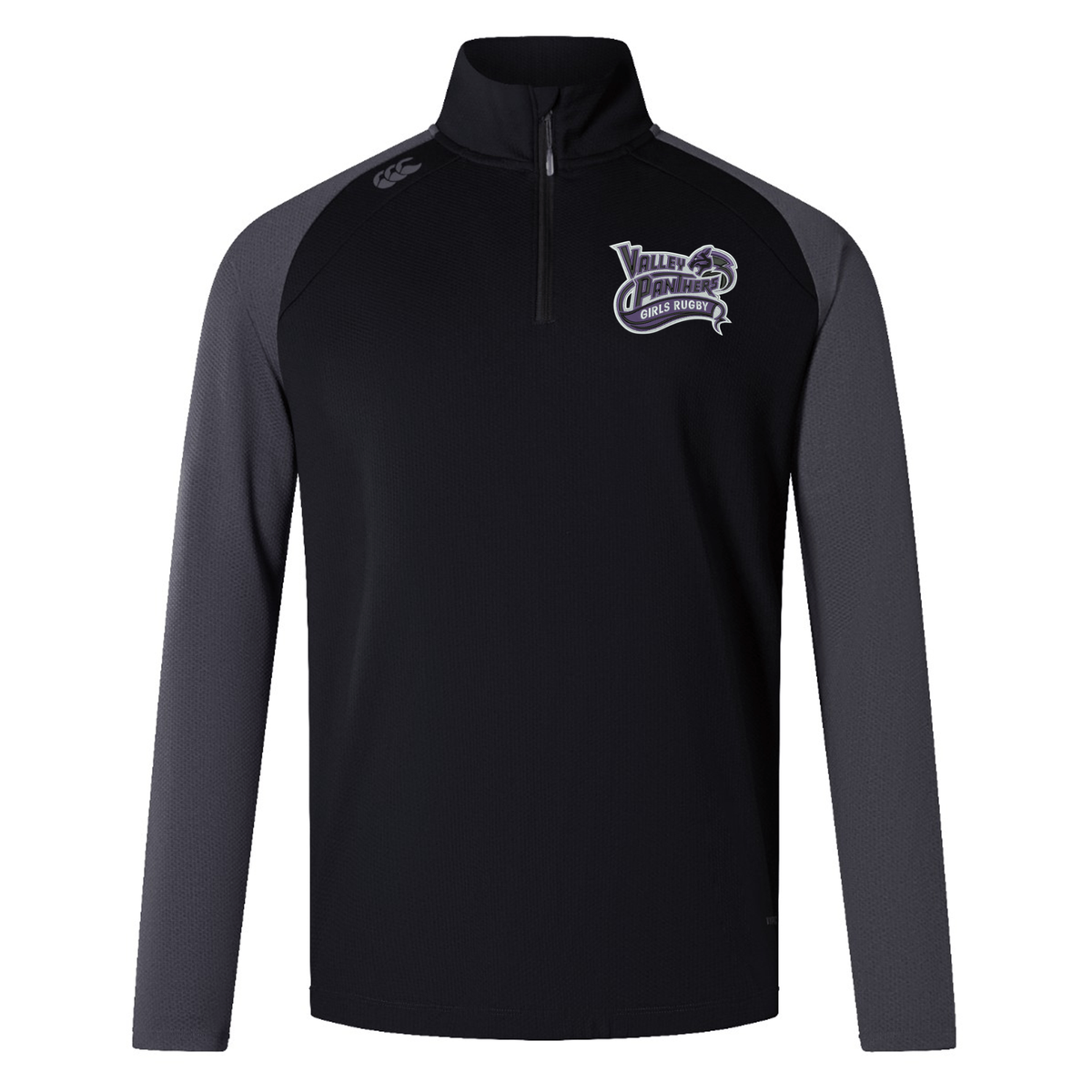 Black and gray long-sleeve pullover with a quarter-zip and “Valley Panthers Girls Rugby” logo on the left chest, inspired by the Canterbury Elite First Layer rugby training top by EMB Canterbury. Features advanced VapoDri technology for superior moisture management.