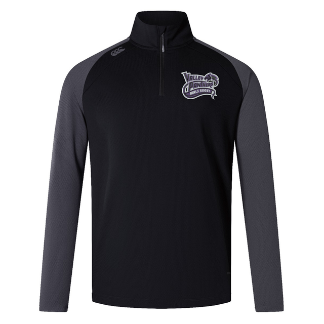 Black and gray long-sleeve pullover with a quarter-zip and “Valley Panthers Girls Rugby” logo on the left chest, inspired by the Canterbury Elite First Layer rugby training top by EMB Canterbury. Features advanced VapoDri technology for superior moisture management.
