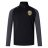 Introducing the RVA T.R.C. Elite First Layer by Canterbury from EMB Canterbury: This black quarter-zip pullover takes inspiration from the Canterbury Elite First Layer rugby training top and features dark gray sleeves along with a distinctive RVA logo patch on the left chest. Engineered with VapoDri technology for optimal moisture management, it is finished with a small white EMB Canterbury logo on the right shoulder.