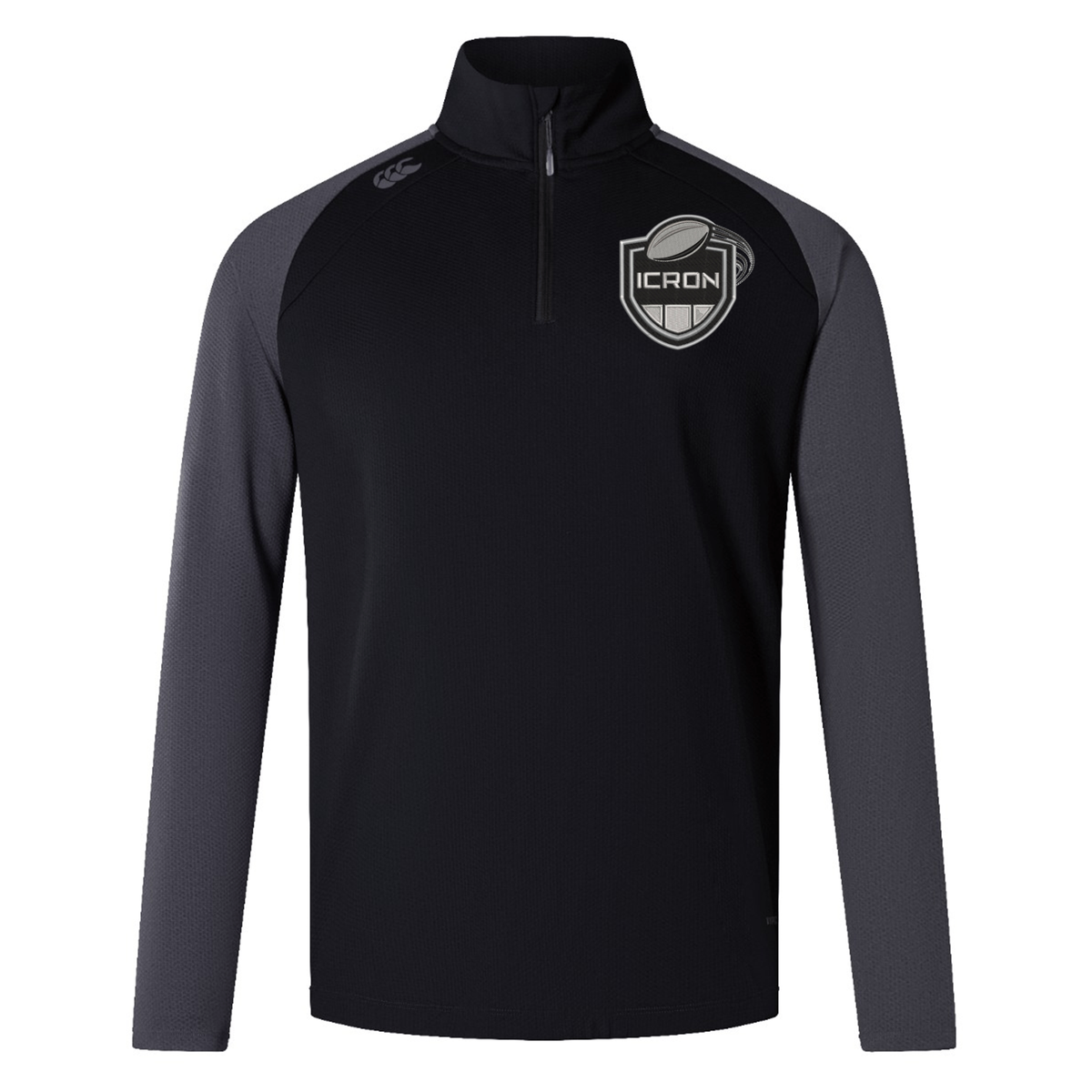 Black and dark gray long-sleeve quarter-zip ICRON Elite First Layer by Canterbury with a rugby-themed logo on the chest.