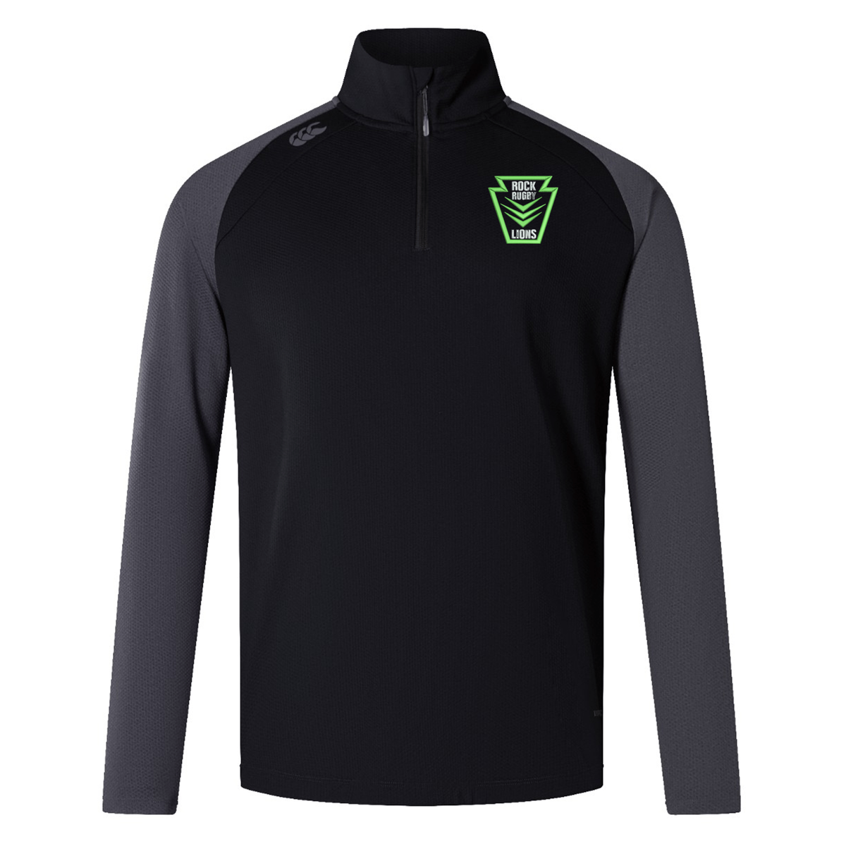 Black and grey Rock Rugby Elite First Layer by Canterbury long-sleeved quarter-zip pullover with a neon green “Rock Rugby Lions” logo on the chest.