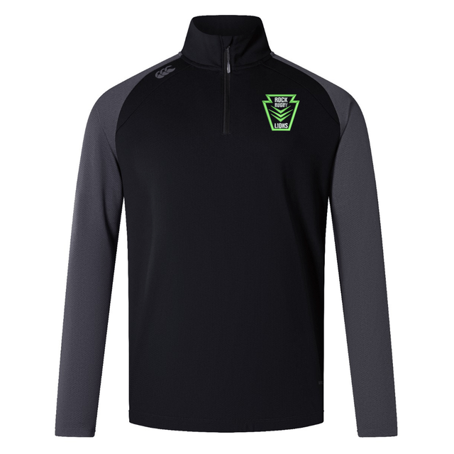 Black and grey Rock Rugby Elite First Layer by Canterbury long-sleeved quarter-zip pullover with a neon green “Rock Rugby Lions” logo on the chest.
