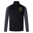 The Spartan Youth Rugby Elite First Layer by EMB Canterbury is a black and dark gray long-sleeve training top with a quarter zip and yellow Spartan logo, designed for comfort and performance.
