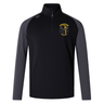 The Spartan Youth Rugby Elite First Layer by EMB Canterbury is a black and dark gray long-sleeve training top with a quarter zip and yellow Spartan logo, designed for comfort and performance.