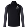 The Birmingham Iron Women's Football Elite First Layer by EMB Canterbury is a black and dark gray long-sleeve quarter-zip top with a red rooster "Iron" shield logo, crafted in Canterbury style with advanced VapoDri technology for comfort.