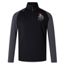 The Birmingham Iron Women's Football Elite First Layer by EMB Canterbury is a black and dark gray long-sleeve quarter-zip top with a red rooster "Iron" shield logo, crafted in Canterbury style with advanced VapoDri technology for comfort.