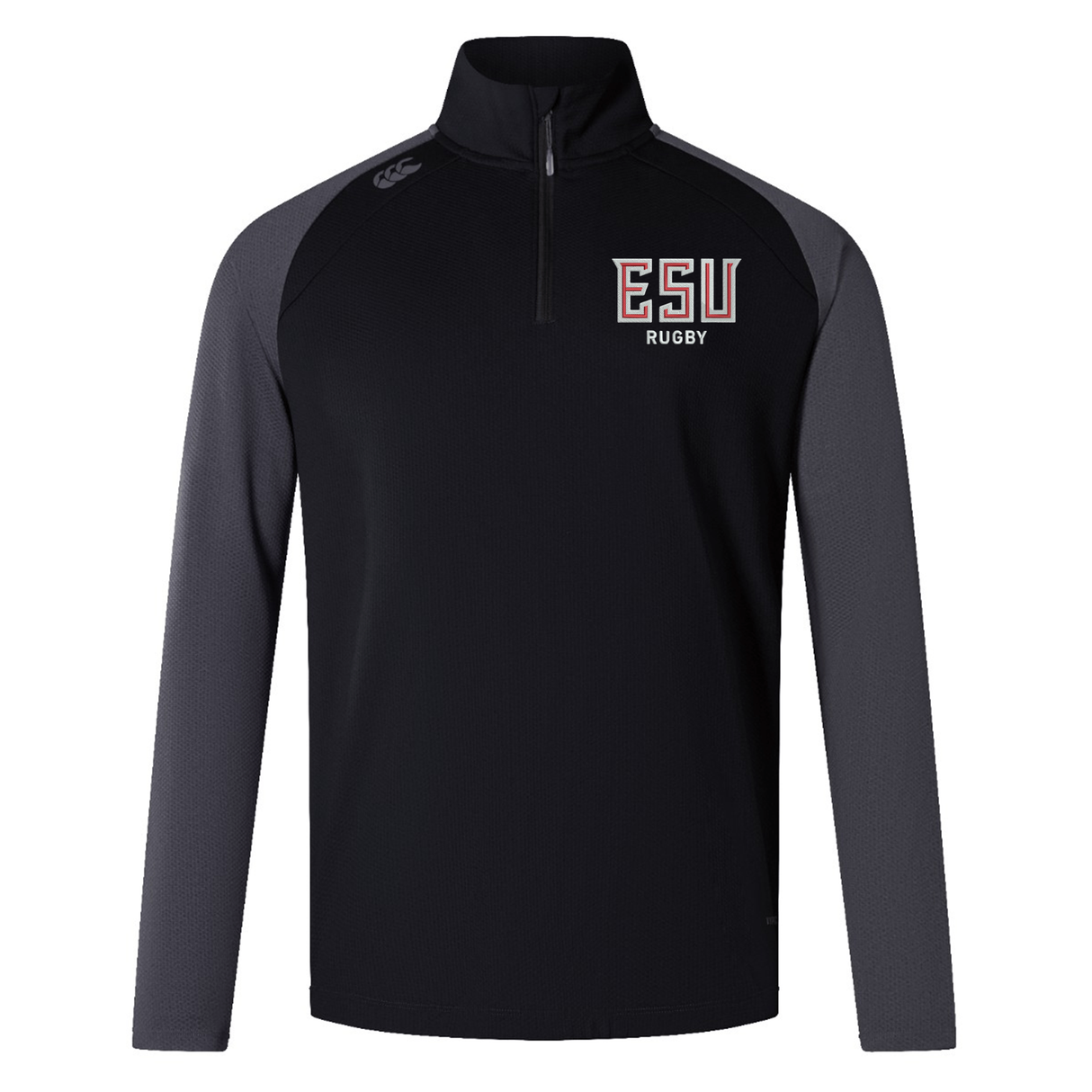 The EMB Canterbury East Stroudsburg University Elite First Layer is a black and dark gray long-sleeve top featuring "ESU Rugby" on the left chest, logo on the right shoulder, and VapoDri tech for comfort during workouts.