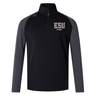The EMB Canterbury East Stroudsburg University Elite First Layer is a black and dark gray long-sleeve top featuring "ESU Rugby" on the left chest, logo on the right shoulder, and VapoDri tech for comfort during workouts.