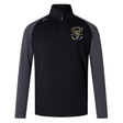 The Hornets Rugby Club 1977 Elite First Layer by EMB Canterbury is a black and gray long-sleeve quarter-zip pullover featuring VapoDri technology for advanced moisture management. It showcases an embroidered crest on the left chest that reads “Hornets Rugby Club 1977” along with a yellow hornet logo, making it the ideal rugby training top.