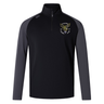 The Hornets Rugby Club 1977 Elite First Layer by EMB Canterbury is a black and gray long-sleeve quarter-zip pullover featuring VapoDri technology for advanced moisture management. It showcases an embroidered crest on the left chest that reads “Hornets Rugby Club 1977” along with a yellow hornet logo, making it the ideal rugby training top.