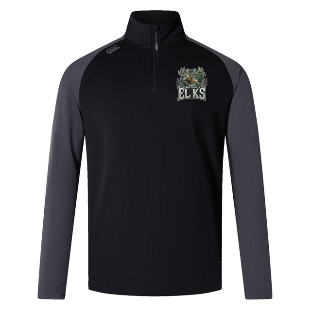 The Lewis County Elks Elite First Layer by Canterbury is a black and dark gray quarter-zip long-sleeve pullover from EMB Canterbury, featuring an “Elks” logo with a moose head on the left chest. Inspired by rugby training tops, this lightweight pullover incorporates VapoDri technology to keep you cool and dry during any activity.