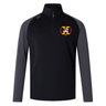 The Potomac Exiles Rugby Club Elite First Layer by Canterbury from EMB Canterbury is a black and dark gray long-sleeve quarter-zip rugby training top, showcasing a vibrant crest on the left chest and a logo on the right shoulder. Engineered as Canterbury's Elite First Layer, it features advanced VapoDri technology for exceptional comfort and moisture management during high-intensity sessions.