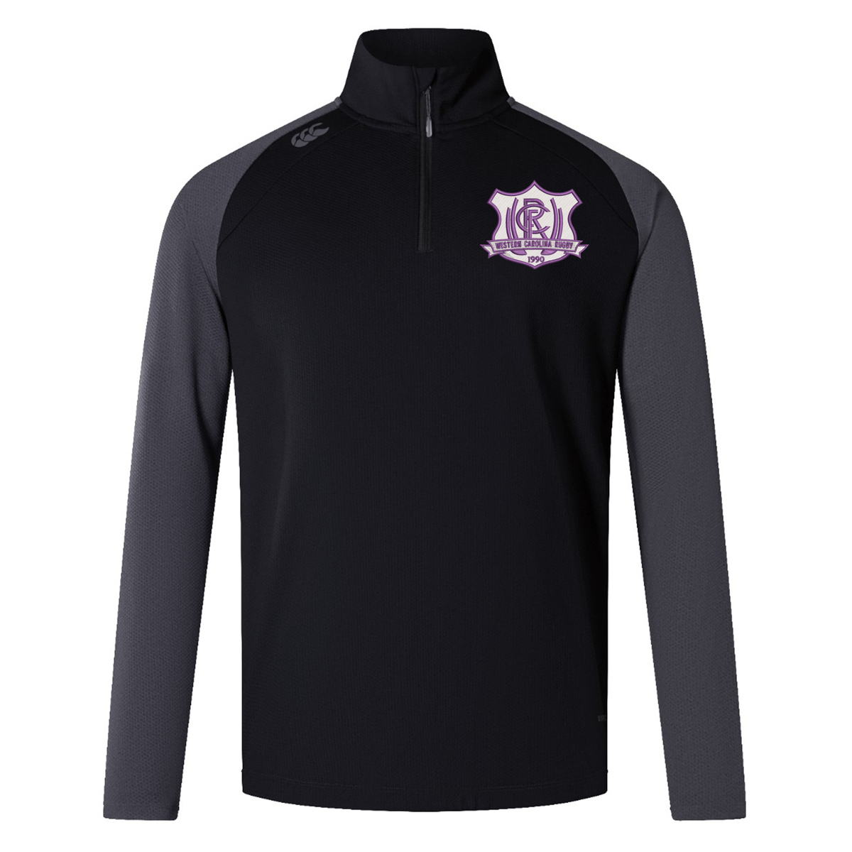 Black and grey Western Carolina University Elite First Layer by Canterbury quarter-zip pullover featuring a Western Carolina Rugby logo on the chest.