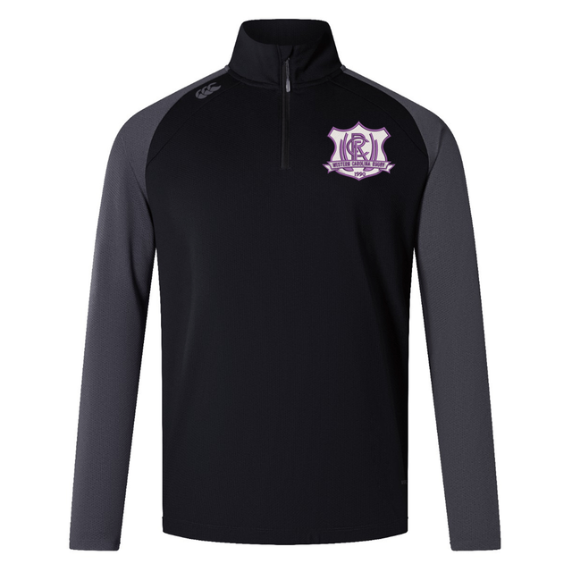 Black and grey Western Carolina University Elite First Layer by Canterbury quarter-zip pullover featuring a Western Carolina Rugby logo on the chest.