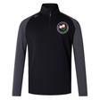 The Society of Iowa Rugby Referees Elite First Layer by Canterbury from EMB Canterbury is a black and dark gray long-sleeve pullover featuring a partial front zipper and a circular floral emblem on the left chest, inspired by the Canterbury Elite First Layer rugby training top and enhanced with VapoDri technology for superior comfort.