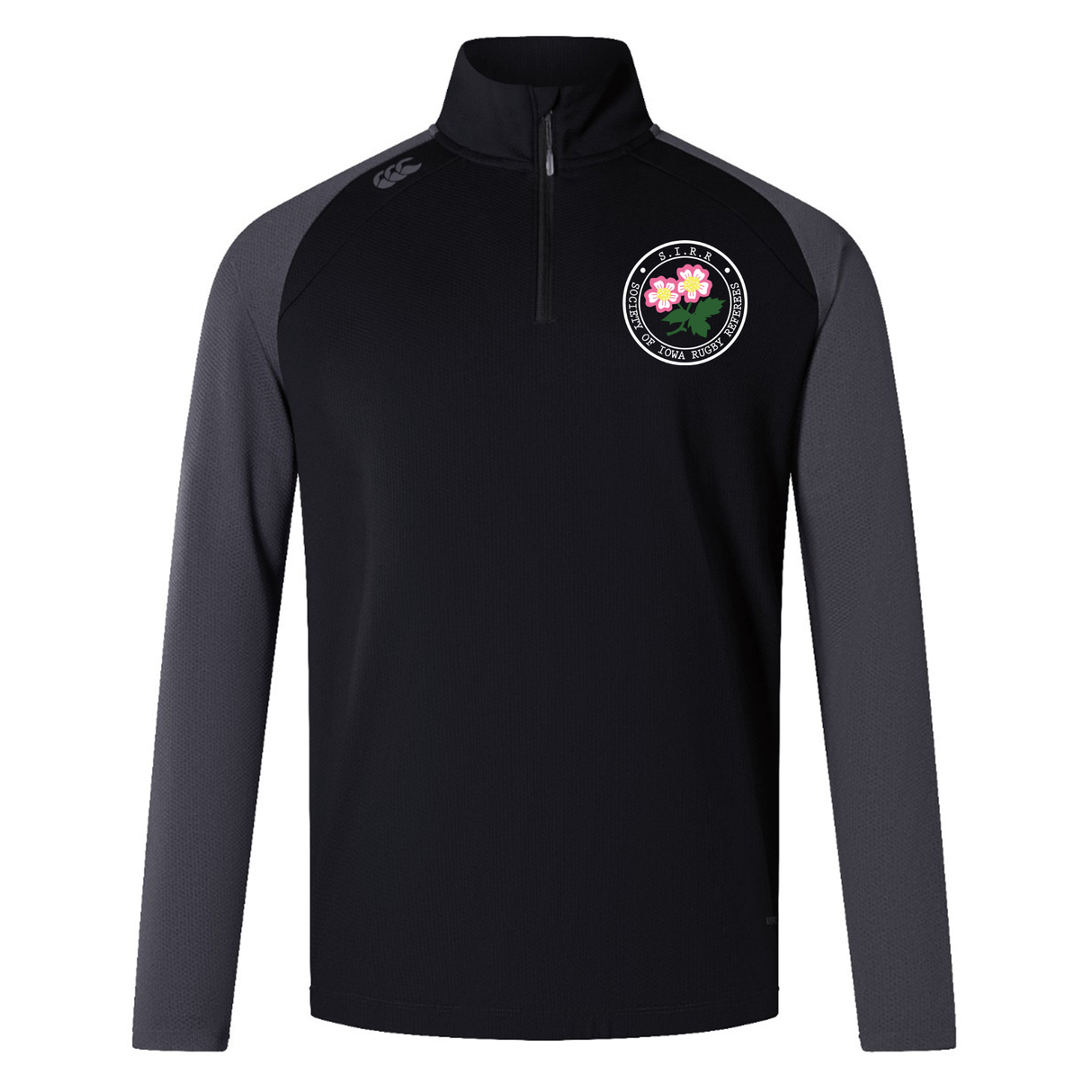 The Society of Iowa Rugby Referees Elite First Layer by Canterbury from EMB Canterbury is a black and dark gray long-sleeve pullover featuring a partial front zipper and a circular floral emblem on the left chest, inspired by the Canterbury Elite First Layer rugby training top and enhanced with VapoDri technology for superior comfort.