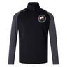 The Society of Iowa Rugby Referees Elite First Layer by Canterbury from EMB Canterbury is a black and dark gray long-sleeve pullover featuring a partial front zipper and a circular floral emblem on the left chest, inspired by the Canterbury Elite First Layer rugby training top and enhanced with VapoDri technology for superior comfort.