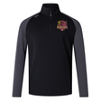 The EMB Canterbury Godzilla Rugby Football Club Elite First Layer is a black and gray long-sleeve quarter-zip pullover featuring VapoDri technology for enhanced moisture management, complete with a maroon and yellow gorilla logo and “GORILLAS” text on the left chest—ideal as a rugby training top or stylish base layer.