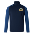The Old Man Rivah Rugby Elite First Layer by EMB Canterbury is a navy blue long-sleeve quarter-zip training top with VapoDri tech, royal blue sleeves, and a lion-and-shield crest on the left chest.