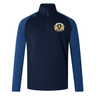 The Old Man Rivah Rugby Elite First Layer by EMB Canterbury is a navy blue long-sleeve quarter-zip training top with VapoDri tech, royal blue sleeves, and a lion-and-shield crest on the left chest.
