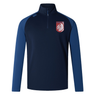 The Montgomery Bucks Griffins Elite First Layer by EMB Canterbury is a navy and blue long-sleeve rugby top with a quarter-zip, white lion crest, "MERIT" on the left chest, VapoDri tech, and a small logo on the right shoulder.