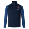 Introducing the SF CDME Rugby Elite First Layer by Canterbury—a long-sleeve navy and blue pullover from EMB Canterbury featuring a quarter-zip, bold red and white cross emblem, and "CDME RUGBY" lettering on the left chest. Engineered with VapoDri technology for superior moisture management, this versatile rugby training top ensures you stay cool and comfortable both on and off the pitch.