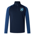 Introducing the Minneapolis Mayhem Rugby Elite First Layer by EMB Canterbury—a navy and blue long-sleeve athletic pullover with a quarter zip. This top features the Minneapolis Mayhem Rugby logo on the chest and the Canterbury logo on the shoulder. Designed for high-performance training, it incorporates VapoDri technology for superior moisture management and comfort during intense sessions.